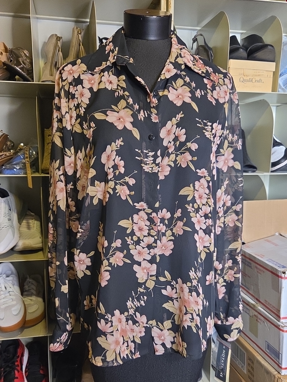 Notations Black Floral Sheer Button-Front Blouse